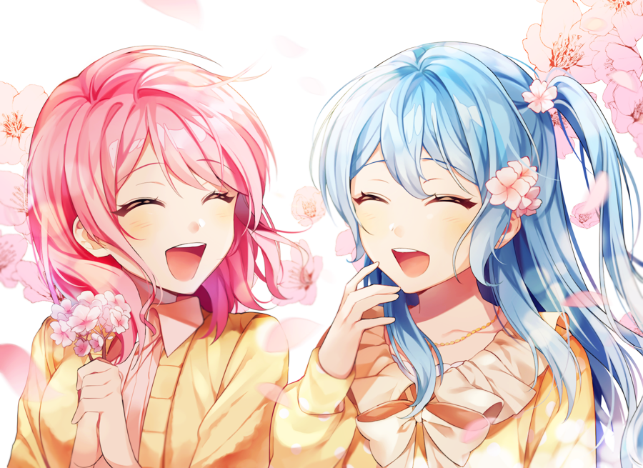 2girls :d ^_^ bang_dream! bangs blue_hair bouquet cardigan closed_eyes closed_eyes collared_shirt flower frills hair_flower hair_ornament hand_to_own_mouth holding holding_bouquet jewelry long_hair long_sleeves maruyama_aya matsubara_kanon minori_(faddy) multiple_girls neck_ribbon necklace one_side_up open_mouth petals pink_flower pink_hair pink_shirt ribbon shirt smile upper_body yellow_cardigan