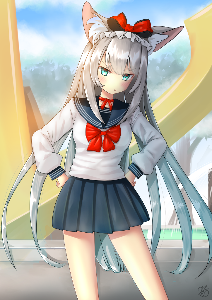 1girl :t alternate_costume animal_ear_fluff animal_ears azur_lane bangs blue_sailor_collar blue_skirt blue_sky blush bow breasts cat_ears choker closed_mouth clouds cloudy_sky commentary_request day eyebrows_visible_through_hair green_eyes hair_bow hammann_(azur_lane) hands_on_hips leaning_to_the_side long_hair long_sleeves outdoors pleated_skirt pout puffy_long_sleeves puffy_sleeves red_bow red_choker revision ribbon_choker sailor_collar sakurai_kouji school_uniform serafuku sidelocks signature silver_hair skirt sky small_breasts solo standing tsurime v-shaped_eyebrows very_long_hair
