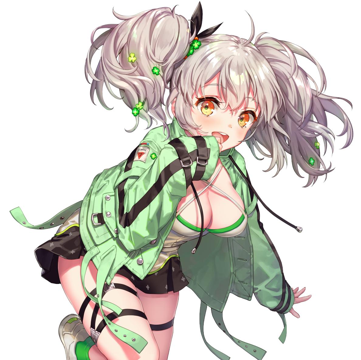 1girl :d ahoge bangs black_skirt blush breasts buttons cleavage commentary_request criss-cross_halter drawstring green_jacket green_legwear hair_ornament halterneck hand_up jacket large_breasts leg_up long_hair long_sleeves looking_at_viewer miniskirt open_clothes open_jacket open_mouth orange_eyes original pleated_skirt shirt shoes sidelocks silver_hair skirt sleeves_past_wrists smile sneakers socks solo standing standing_on_one_leg thigh_strap twintails white_background white_footwear white_shirt yutsumoe