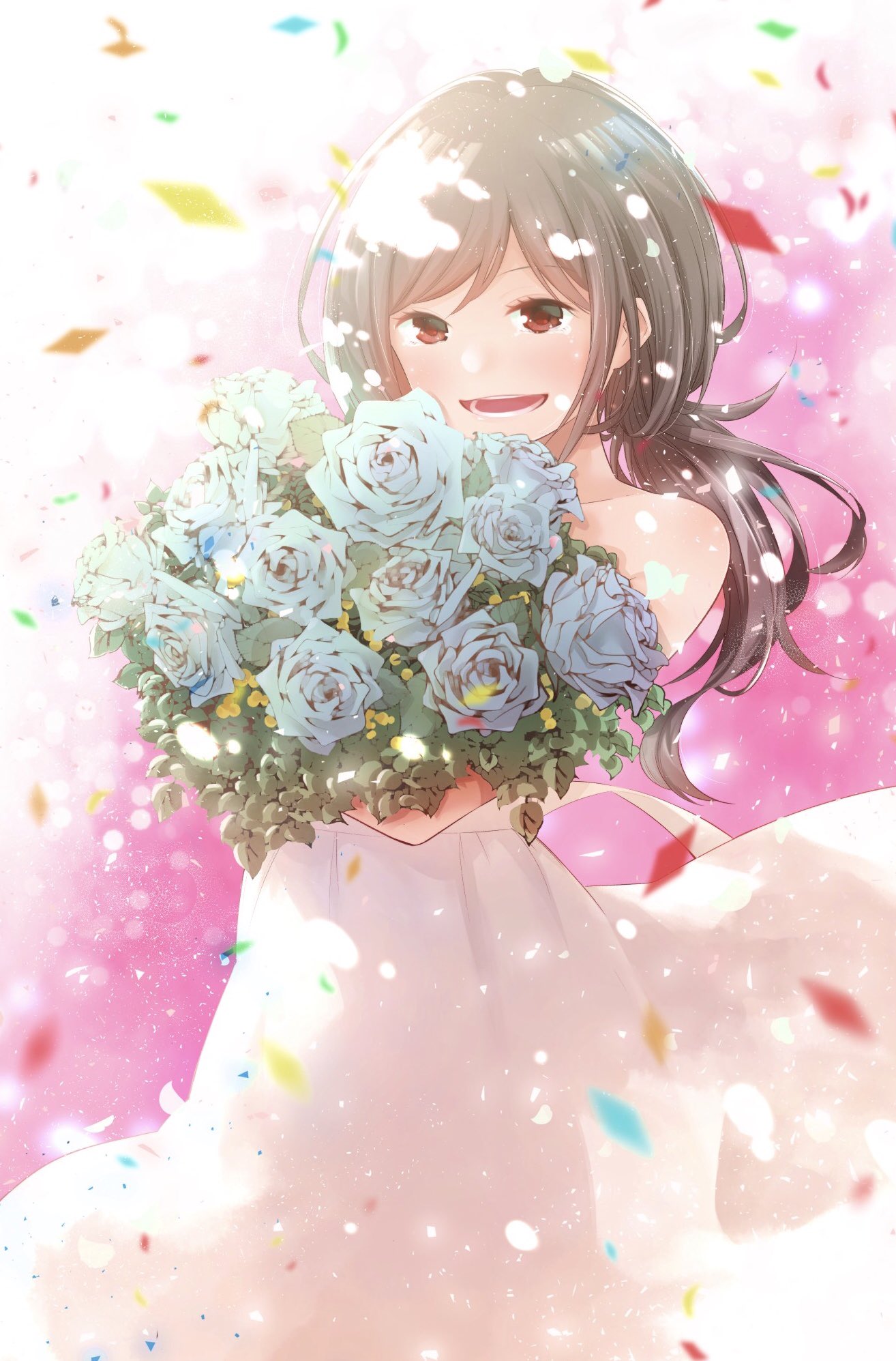 1girl bare_shoulders blue_flower blue_rose bouquet brown_hair commentary_request confetti cowboy_shot dappled_sunlight dress flower highres holding holding_bouquet igarashi_masakuni light_particles long_hair looking_at_viewer official_art open_mouth petals red_eyes rose senryuu_shoujo smile solo strapless strapless_dress sunlight white_dress yukishiro_nanako