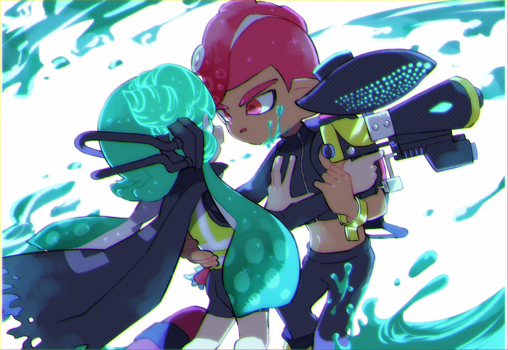 1boy 1girl agent_8 aqua_eyes aqua_hair bike_shorts black_cape black_pants cape domino_mask eye_contact hand_on_another's_back hand_on_another's_chest headgear hero_shot_(splatoon) hetero holding inkling kirikuchi_riku long_hair long_sleeves looking_at_another mask mohawk navel octoling octoshot_(splatoon) open_mouth paint pants pink_eyes pink_hair short_hair single_sleeve splatoon splatoon_(series) splatoon_2 splatoon_2:_octo_expansion squidbeak_splatoon suction_cups tentacle_hair torn_cape torn_clothes vest zipper zipper_pull_tab