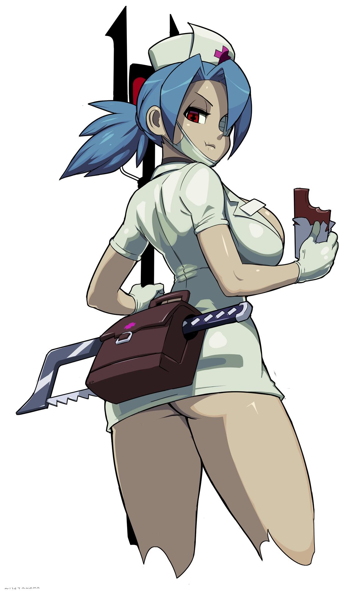 +_+ 1girl ass blue_hair breasts chocolate_bar cowboy_shot dress from_behind gloves hat highres huge_breasts long_hair looking_at_viewer looking_back nisetanaka nurse nurse_cap ponytail red_cross red_eyes saw shiny shiny_hair shiny_skin short_dress simple_background skullgirls solo standing surgical_mask valentine_(skullgirls) white_background white_gloves