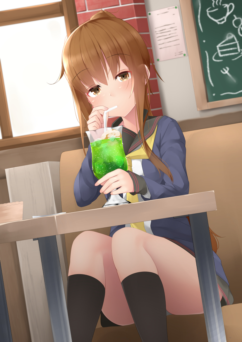 1girl bangs black_sailor_collar black_skirt blue_jacket brown_eyes brown_hair cafe chalkboard commentary day drinking drinking_straw dutch_angle ears_visible_through_hair eyebrows_visible_through_hair food fumizuki_(kantai_collection) high_ponytail ice_cream ice_cream_float indoors jacket kantai_collection kneehighs light_blush long_hair long_sleeves looking_at_viewer miniskirt ne_an_ito neckerchief panties ponytail remodel_(kantai_collection) sailor_collar school_uniform serafuku sidelocks sitting skirt soda solo table underwear window yellow_neckwear