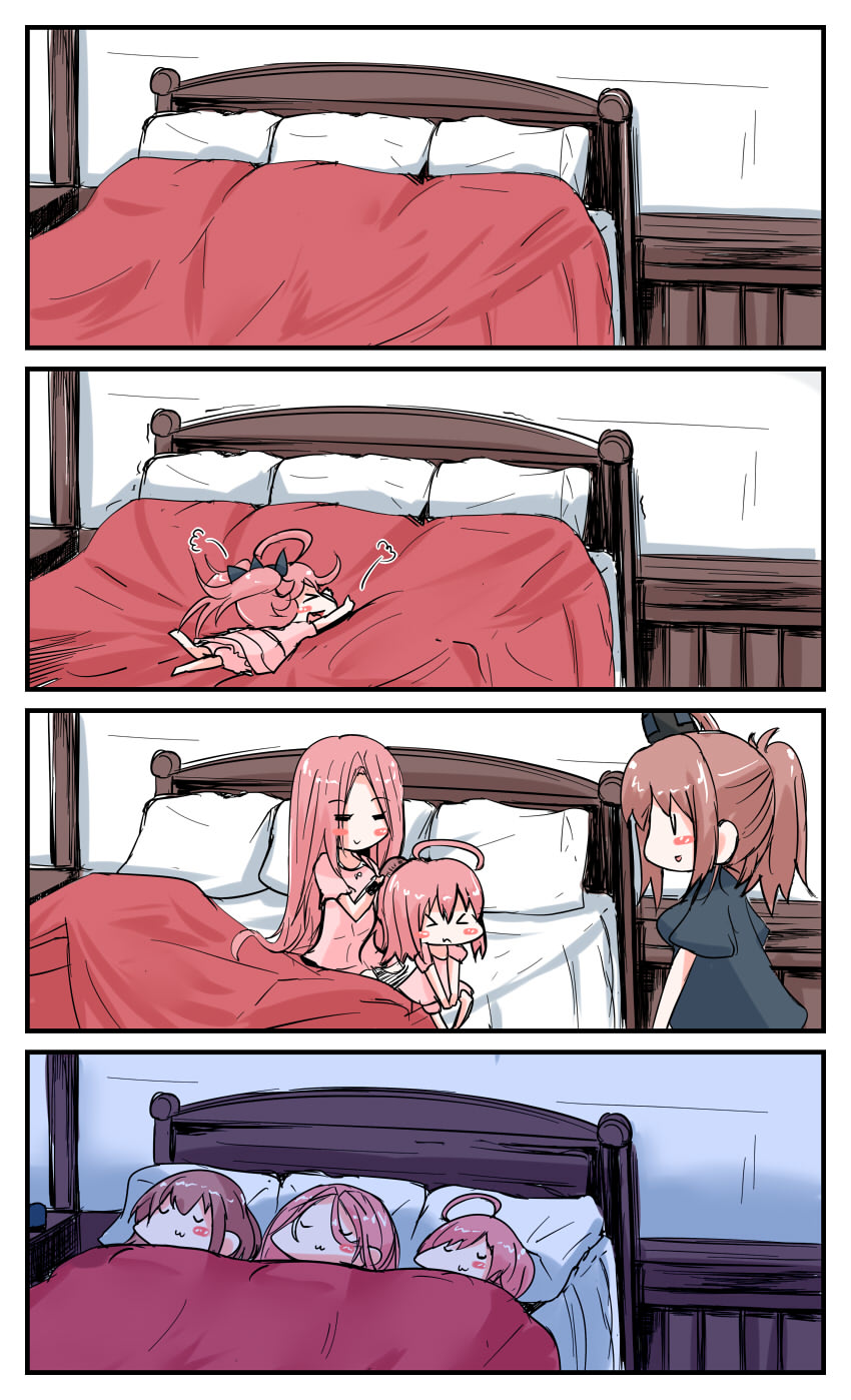 &gt;_&lt; 3girls 4koma :3 ahoge azur_lane bangs bed black_headwear black_shirt bloomers blush_stickers brown_hair brushing_another's_hair closed_eyes closed_mouth comic commentary_request crossover eyebrows_visible_through_hair forehead hair_brush hat highres indoors kantai_collection lexington_(azur_lane) long_hair lying mini_hat multiple_girls namesake on_back on_bed on_stomach parted_bangs pillow pink_bloomers pink_hair pink_shirt ponytail profile saratoga_(azur_lane) saratoga_(kantai_collection) shirt short_sleeves sleeping under_covers underwear very_long_hair yagami_kamiya