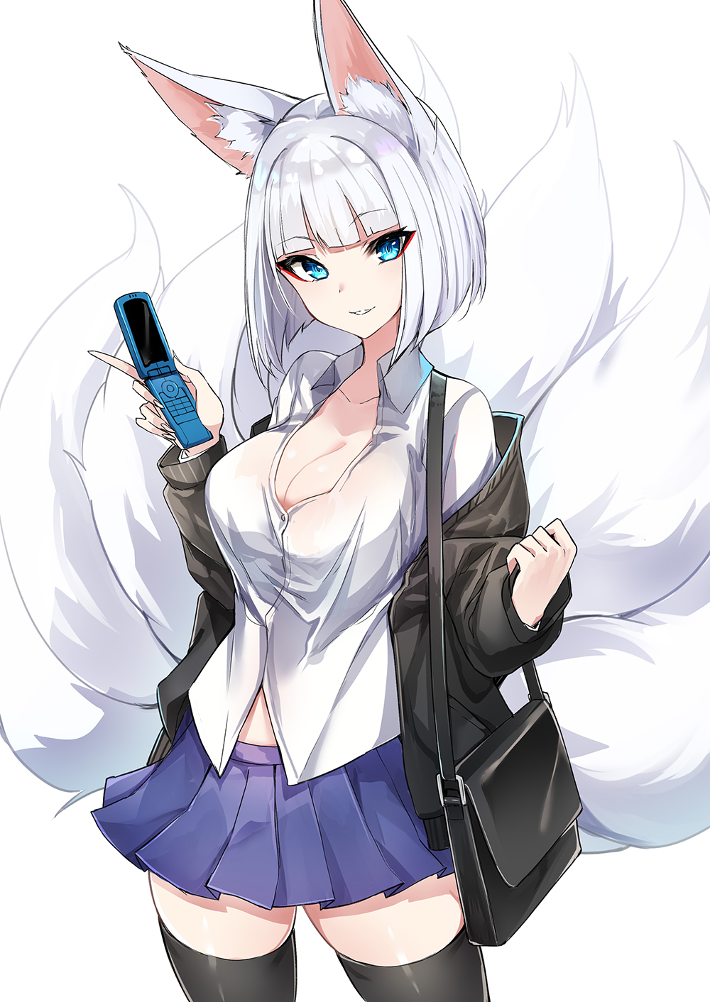 1girl animal_ears azur_lane bag bangs black_legwear blue_eyes breasts cardigan cellphone cleavage collared_shirt commentary_request cowboy_shot eyebrows_visible_through_hair eyeliner eyeshadow flip_phone fox_ears fox_tail highres kaga_(azur_lane) large_breasts looking_at_viewer luse_maonang makeup multiple_tails no_bra off_shoulder parted_lips partially_unbuttoned phone pleated_skirt shirt short_hair shoulder_bag silver_hair simple_background skirt solo tail thigh-highs tote_bag white_background white_hair zettai_ryouiki