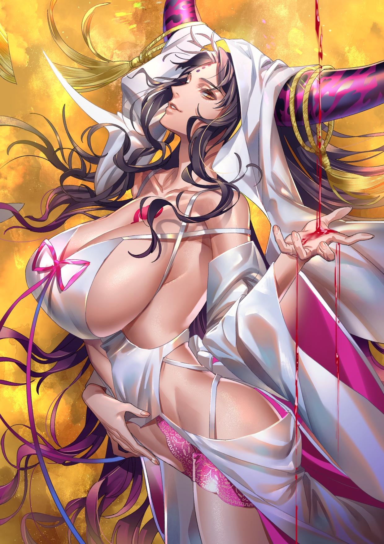 1girl black_hair blood bow breasts chest_tattoo cleavage facial_mark fate/extra fate/extra_ccc fate/grand_order fate_(series) forehead_mark from_side highres horns huge_breasts navel_cutout sesshouin_kiara tattoo tenobe thighs veil wavy_hair yellow_background yellow_eyes