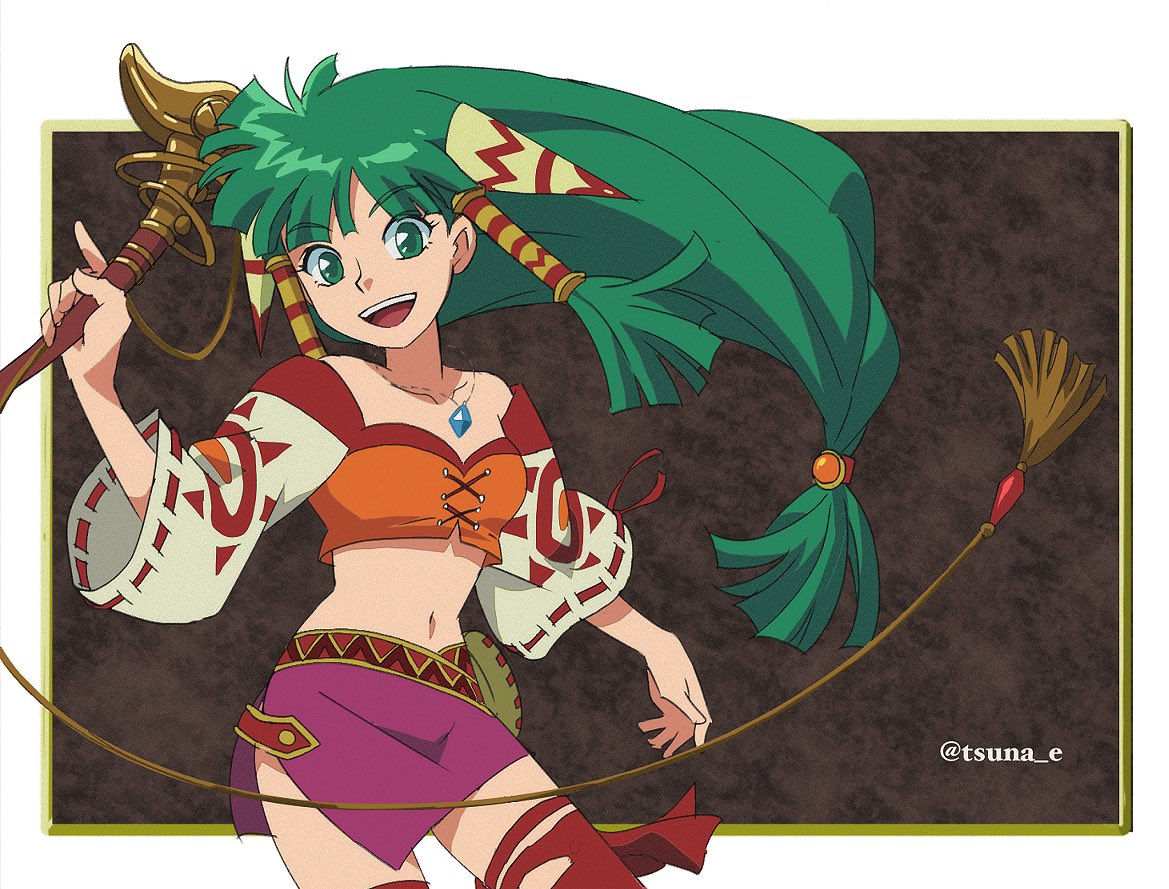 1girl anime_coloring bare_shoulders belt cowboy_shot cross-laced_clothes feena_(grandia) floating_hair frame grandia grandia_i green_eyes green_hair hair_ornament hair_tubes holding_whip jewelry long_hair long_sleeves looking_at_viewer low-tied_long_hair midriff miniskirt navel official_style open_mouth out_of_frame pendant pink_skirt red_legwear skirt smile solo teeth thigh-highs torn_clothes torn_legwear tsuna_e twitter_username weapon whip wide_sleeves zettai_ryouiki