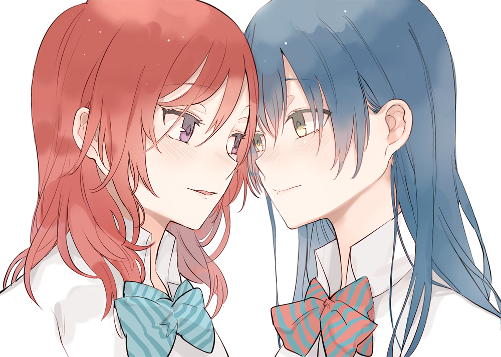 2girls bangs blue_hair blush bow bowtie closed_mouth collared_shirt eye_contact eyebrows_visible_through_hair hair_between_eyes kuma_(bloodycolor) long_hair looking_at_another love_live! love_live!_school_idol_project multiple_girls nishikino_maki parted_lips redhead shirt simple_background smile sonoda_umi violet_eyes white_background white_shirt yellow_eyes yuri