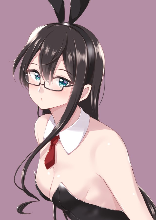 1girl animal_ears black_hair black_leotard blue_eyes bow bowtie breasts bunnysuit cleavage detached_collar glasses green_eyes hairband jiino kantai_collection leotard long_hair looking_at_viewer necktie ooyodo_(kantai_collection) purple_background rabbit_ears red_neckwear semi-rimless_eyewear simple_background small_breasts solo strapless strapless_leotard under-rim_eyewear upper_body