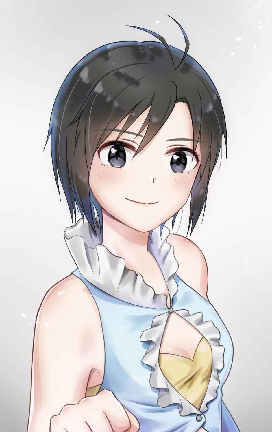 1girl antenna_hair black_eyes black_hair blush breasts cleavage cleavage_cutout clenched_hand collarbone eyebrows_visible_through_hair grey_background hair_between_eyes highres idolmaster idolmaster_(classic) kikuchi_makoto looking_at_viewer mogskg short_hair sleeves small_breasts smile solo upper_body