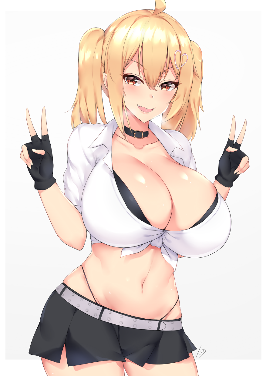 1girl belt black_gloves black_panties blonde_hair borrowed_character breasts cleavage double_v fingerless_gloves gloves haiero highres kuavera large_breasts midriff navel original panties red_eyes saaya_(kirome) shorts simple_background solo thong twintails underwear v white_background