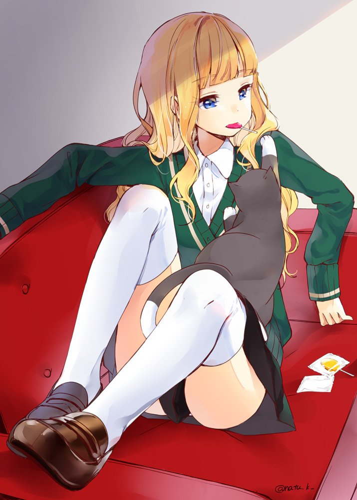 1girl @ animal artist_name ass blonde_hair blue_eyes brown_footwear candy cat commentary_request couch eyebrows_visible_through_hair food green_jacket hazuki_natsu jacket lollipop original shirt shoes simple_background sitting thigh-highs white_background white_legwear white_shirt
