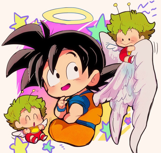 3boys :&gt; :d ^_^ angel_wings antennae beige_background black_eyes black_hair chibi closed_eyes closed_eyes creator_connection crossover dougi dr._slump dragon_ball dragonball_z feathered_wings halo looking_back male_focus motunabe707070 multiple_boys norimaki_gajira open_mouth simple_background smile son_gokuu spiky_hair star starry_background wings