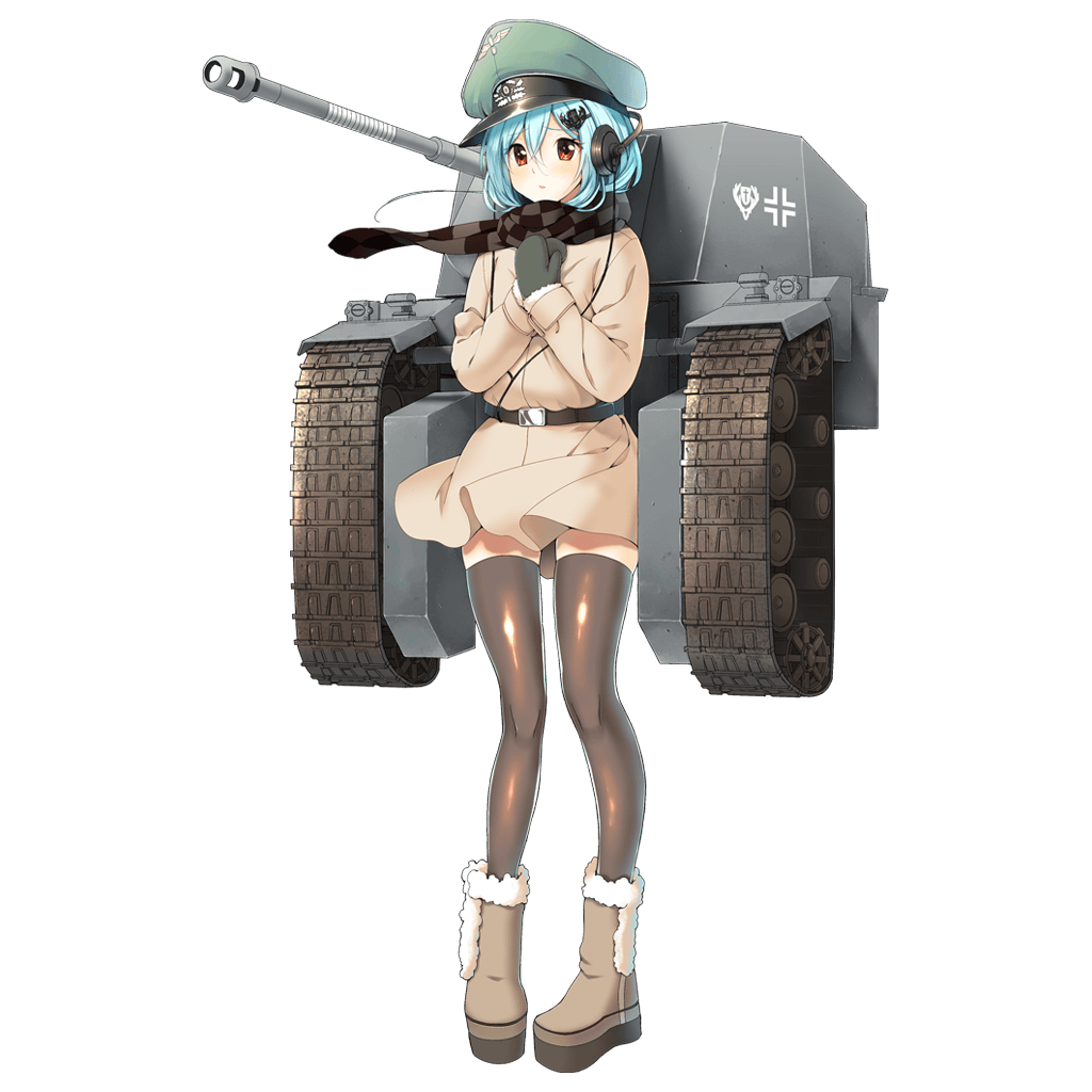 1girl belt black_legwear blue_hair blush boots brown_eyes cannon coat full_body hair_ornament hairclip hands_on_own_chest hat headphones looking_at_viewer martin_(milihime_taisen) milihime_taisen military_hat mittens official_art scarf short_hair solo standing thigh-highs track transparent_background winter_clothes winter_coat