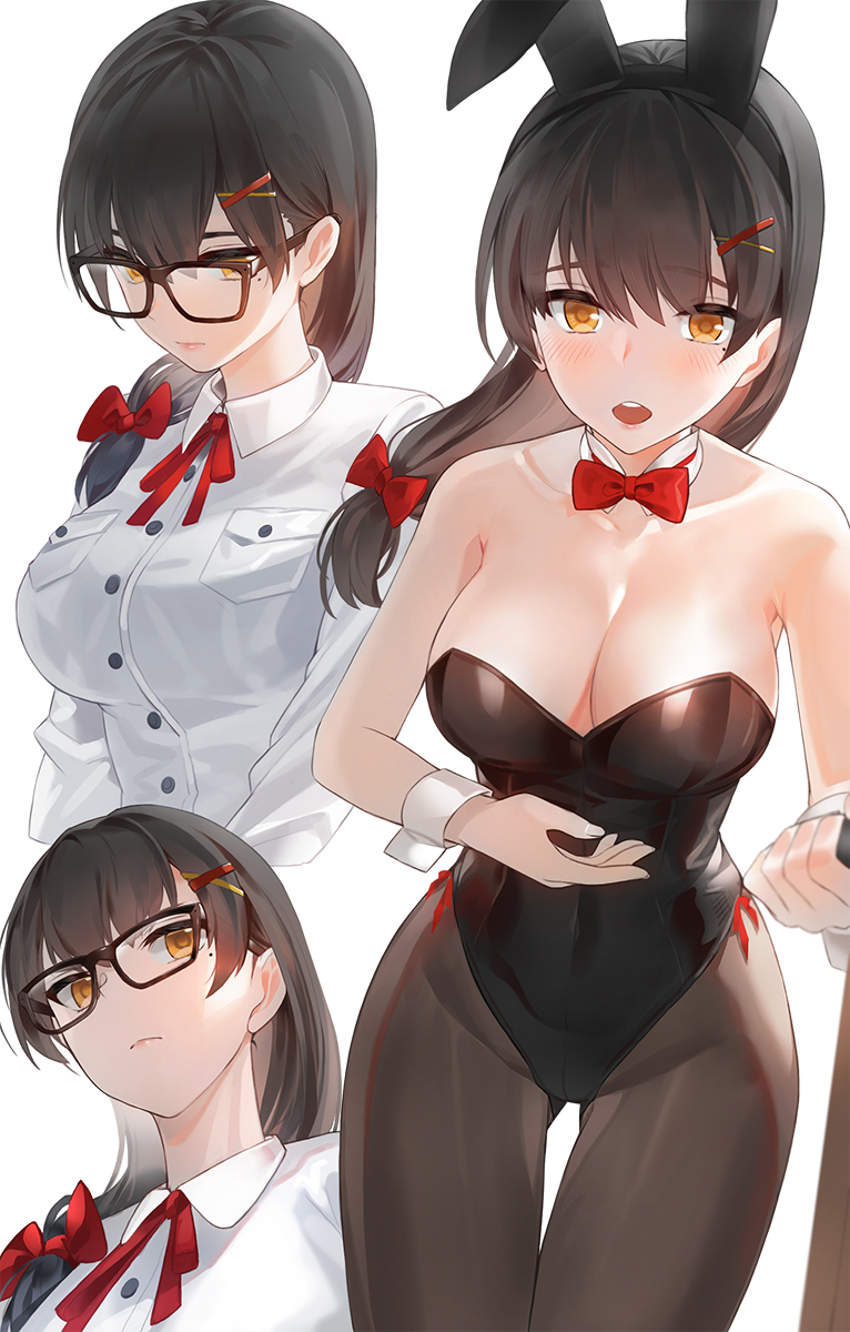 1girl :o animal_ears bare_arms bare_shoulders black-framed_eyewear black_hair black_legwear black_leotard blush bow breasts bunnysuit cleavage collarbone collared_shirt commentary_request fake_animal_ears glasses hair_bow hair_ornament hair_over_shoulder highres kfr large_breasts leotard long_hair long_sleeves looking_at_viewer mole mole_under_eye multiple_views neck_ribbon open_mouth orange_eyes original pantyhose rabbit_ears red_bow red_neckwear red_ribbon ribbon shirt simple_background strapless strapless_leotard thigh_gap upper_teeth white_background white_shirt wing_collar wrist_cuffs x_hair_ornament