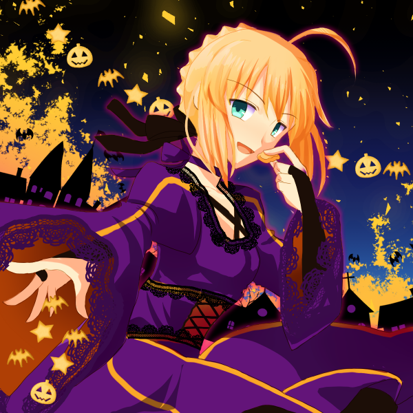 1girl :d ahoge alternate_costume artoria_pendragon_(all) black_bow blonde_hair bow braided_bun bridal_gauntlets choker cimeri dress eyebrows_visible_through_hair fate/stay_night fate_(series) food green_eyes hair_bow halloween halloween_costume holding holding_food lolita_fashion long_dress looking_at_viewer night open_mouth outdoors outstretched_arm pumpkin purple_dress purple_ribbon ribbon ribbon_choker saber short_hair sitting smile solo type-moon ufotable