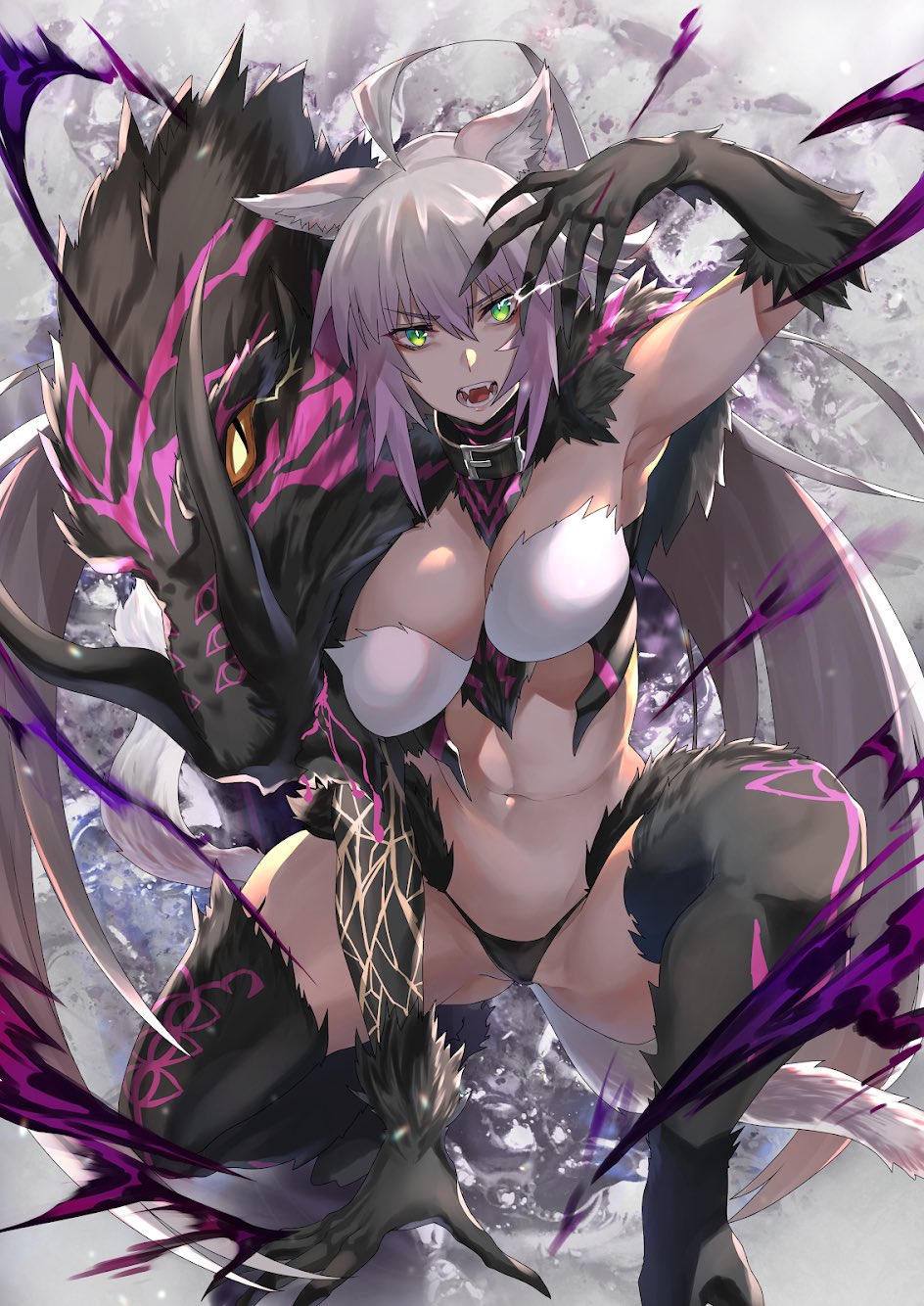 1girl ahoge animal_ears arm_support atalanta_(alter)_(fate) atalanta_(fate) breasts claws elbow_gloves fangs fate/grand_order fate_(series) fujitsubo_(hujitubo0731) fur gloves green_eyes grey_hair highres large_breasts navel solo squatting