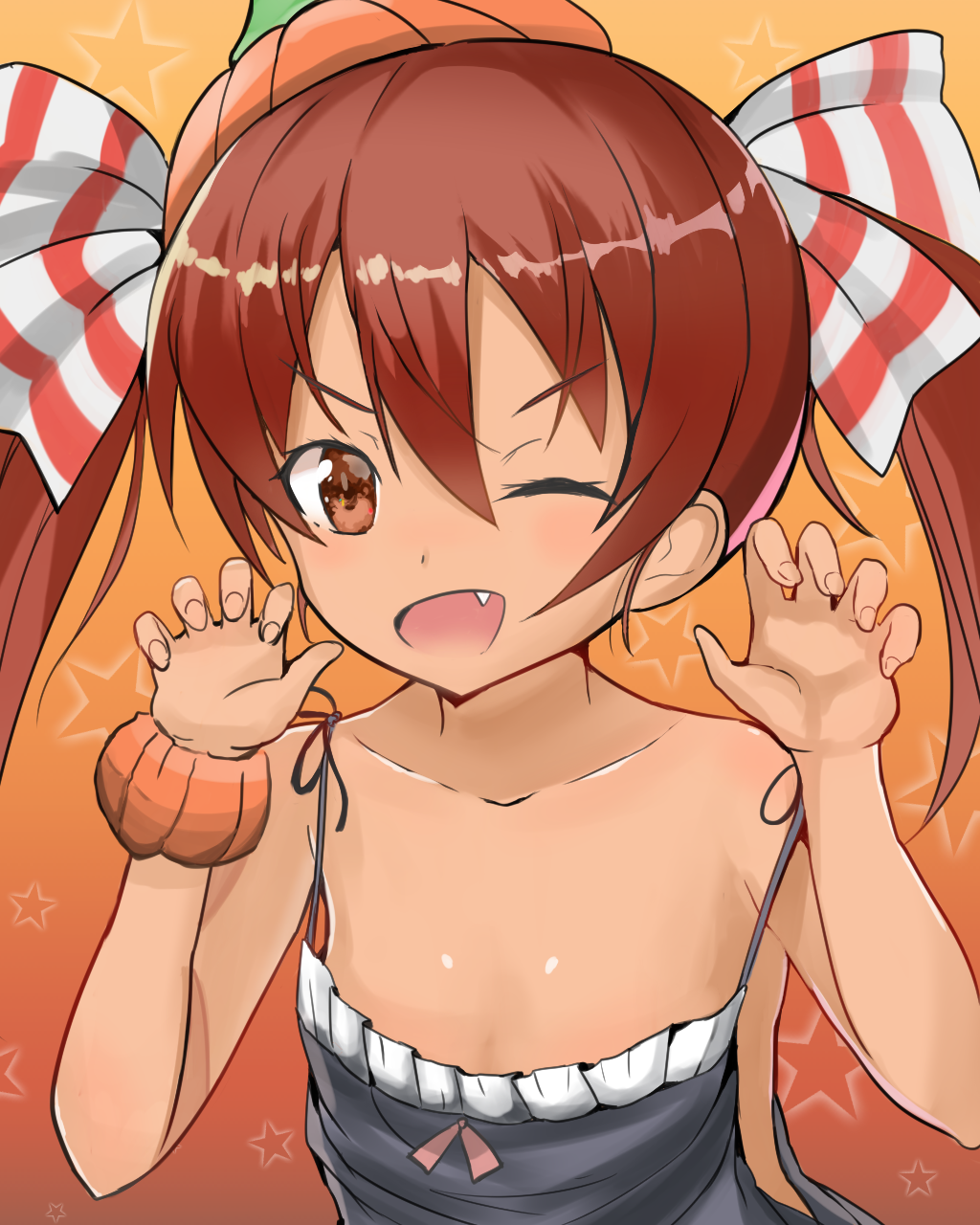 1girl 51_(akiduki) blush breasts brown_eyes brown_hair eyebrows_visible_through_hair gradient gradient_background hair_between_eyes hair_ribbon highres kantai_collection libeccio_(kantai_collection) long_hair no_bra one_eye_closed open_mouth paw_pose pumpkin_costume pumpkin_hat remodel_(kantai_collection) ribbon small_breasts star twintails