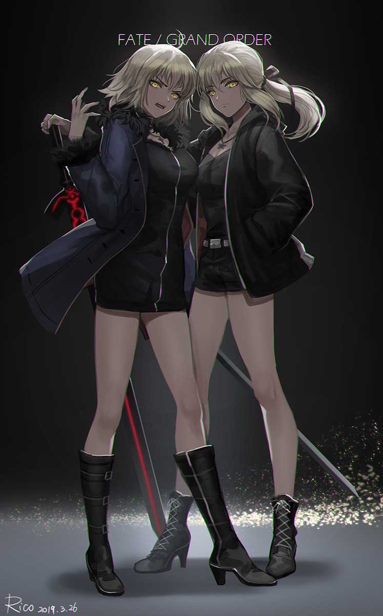 2girls ahoge artoria_pendragon_(all) bangs black_background black_dress black_ribbon blonde_hair board_game boots breasts cape commentary_request copyright_name cross-laced_footwear dress eyebrows_visible_through_hair fate/grand_order fate_(series) full_body fur-trimmed_cape fur_collar fur_trim go hair_bun high_heel_boots high_heels highres jacket jeanne_d'arc_(alter)_(fate) jeanne_d'arc_(fate)_(all) lace-up_boots large_breasts medium_breasts multiple_girls open_clothes open_jacket open_mouth ribbon rico_ebr saber_alter short_hair silver_hair sword tsurime weapon wicked_dragon_witch_ver._shinjuku_1999 yellow_eyes