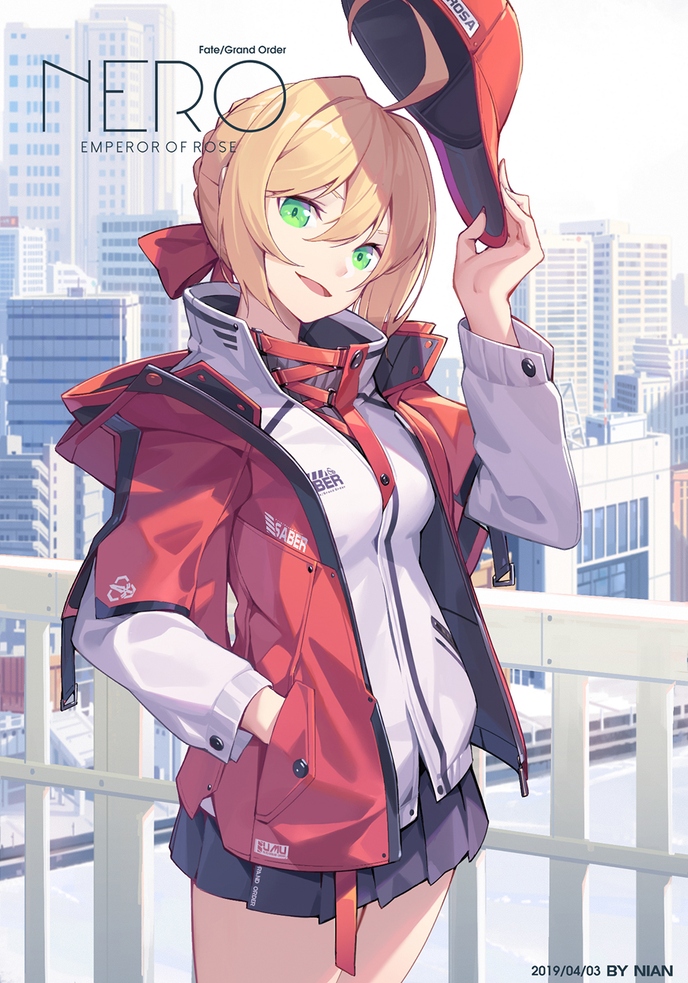 1girl :d ahoge artist_name bangs baseball_cap black_skirt black_sweater blonde_hair bow braid breasts building character_name cityscape commentary_request contemporary copyright_name cowboy_shot dated fate/grand_order fate_(series) green_eyes hair_between_eyes hair_bow hand_in_pocket hat hat_removed head_tilt headwear_removed highres holding holding_hat jacket long_sleeves looking_at_viewer medium_breasts miniskirt nero_claudius_(fate) nero_claudius_(fate)_(all) nian open_clothes open_jacket open_mouth pleated_skirt railing red_bow red_headwear red_jacket ribbed_sweater short_over_long_sleeves short_sleeves sidelocks skirt skyscraper smile solo standing sweater v-shaped_eyebrows white_jacket