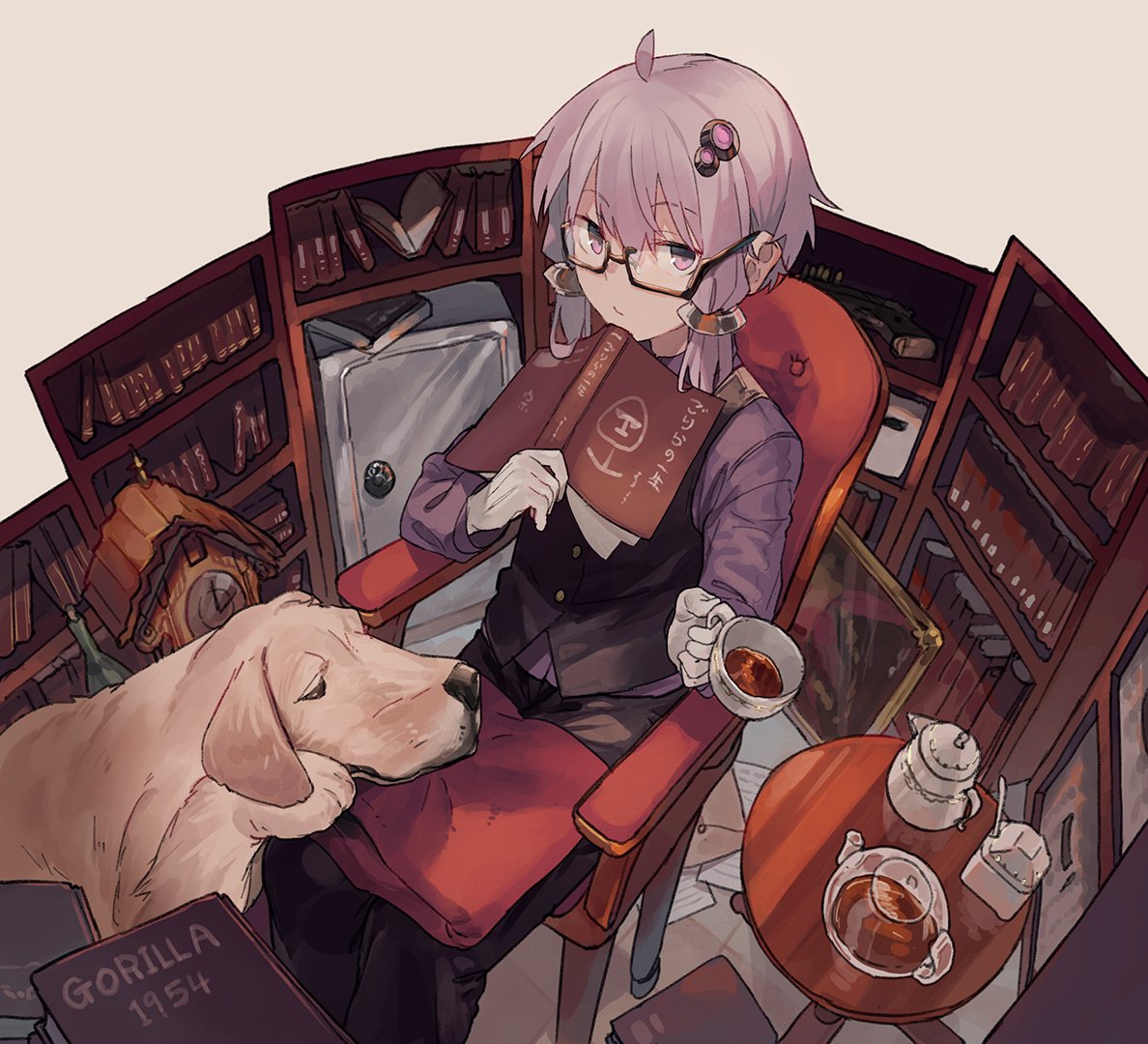 1girl ahoge alternate_costume animal bangs bespectacled black-framed_eyewear black_pants black_vest book bookshelf clock closed_mouth commentary commentary_request cuckoo_clock cup dog expressionless eyebrows_visible_through_hair from_above glasses gloves gun hair_ornament hitogome holding holding_book holding_cup long_sleeves looking_at_viewer looking_up miniskirt open_book painting_(object) pants purple_hair purple_shirt safe_(container) semi-rimless_eyewear shirt sidelocks skirt solo tea teacup teapot under-rim_eyewear vest violet_eyes vocaloid voiceroid weapon white_gloves yuzuki_yukari