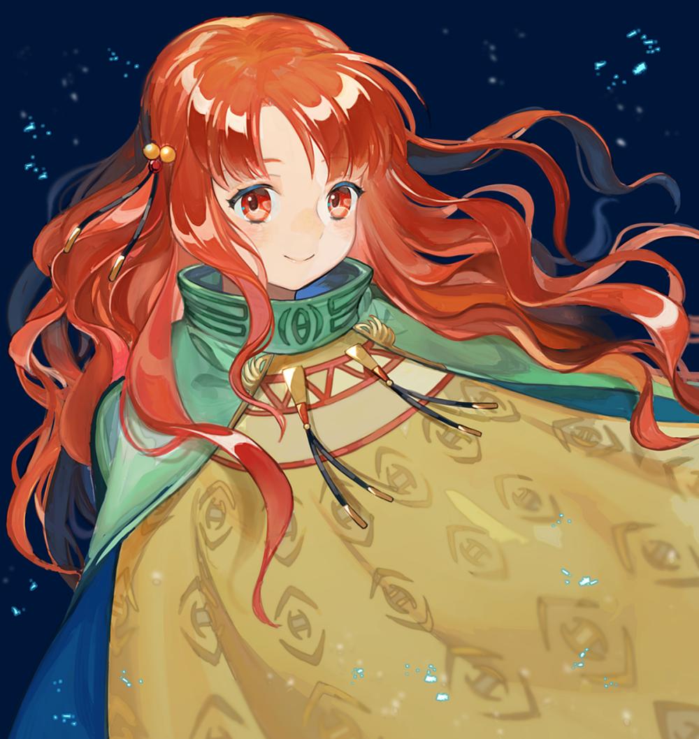 1girl curly_hair dress fire_emblem fire_emblem:_akatsuki_no_megami fire_emblem_heroes intelligent_systems kyufe long_hair looking_at_viewer nintendo orange_eyes orange_hair simple_background smile solo spoilers yune