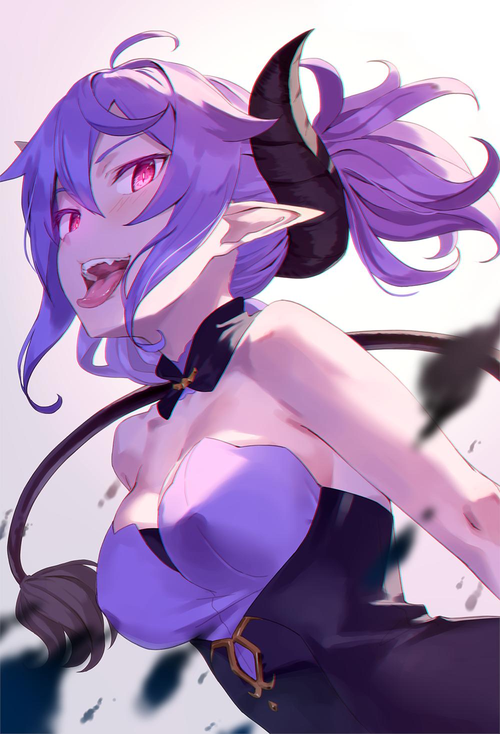 1girl bare_shoulders breasts collarbone demon_girl demon_horns demon_tail detached_collar dress fangs glowing glowing_eyes highres horns kinta_(distortion) leaning_forward long_hair looking_at_viewer medium_breasts multiple_views open_mouth original pantyhose pointy_ears purple_hair red_eyes shoes smile strapless strapless_dress tail tongue tongue_out tsurime