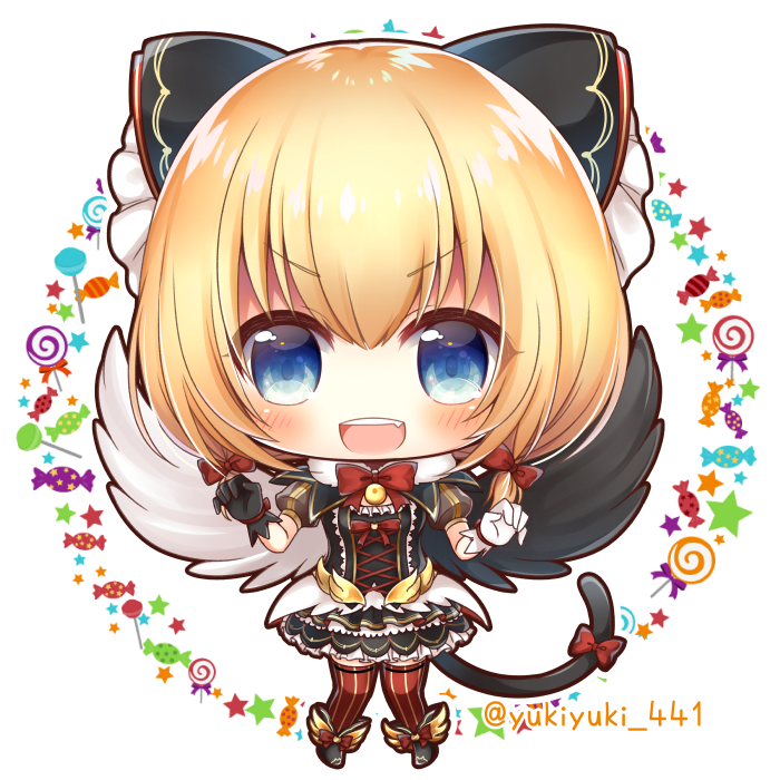 1girl :d bangs black_bow black_footwear black_gloves black_shirt black_skirt black_wings blonde_hair blue_eyes blush bow candy chibi commentary_request eyebrows_visible_through_hair fang feathered_wings food full_body gloves hair_between_eyes hair_bow lollipop maaru_(shironeko_project) mismatched_gloves mismatched_wings open_mouth puffy_short_sleeves puffy_sleeves red_bow red_legwear shironeko_project shirt shoes short_sleeves skirt smile solo standing striped striped_legwear swirl_lollipop thigh-highs twitter_username v-shaped_eyebrows vertical-striped_legwear vertical_stripes white_background white_gloves white_wings wings yukiyuki_441