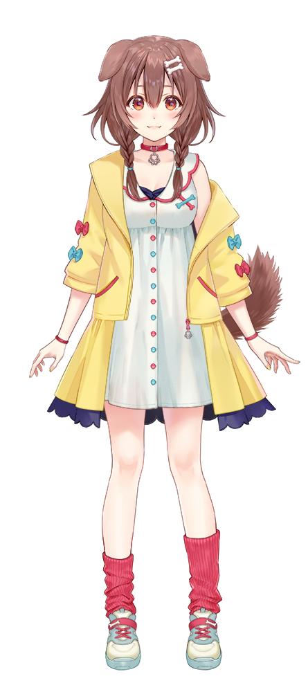 1girl :3 animal_ears bangs blue_bow blush bone_hair_ornament bow breasts brown_eyes brown_hair closed_mouth collar dog_ears dog_tail dress fukahire_(ruinon) full_body hair_ornament hairclip hololive inugami_korone jacket looking_at_viewer low_twin_braids medium_breasts medium_hair official_art partially_undressed red_bow red_collar red_legwear shoes short_sleeves sleeveless smile sneakers socks solo standing tachi-e tail virtual_youtuber white_dress wristband yellow_jacket