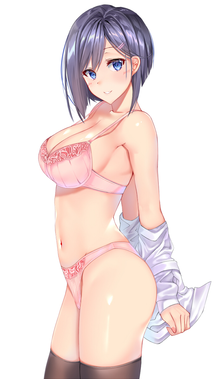 bare_shoulders black_hair black_legwear blue_eyes blush bra breasts cleavage commentary_request cowboy_shot from_side hair_ornament hairclip highres long_sleeves looking_at_viewer looking_to_the_side medium_breasts mukatsukulsp navel original panties parted_lips pink_bra pink_panties shirt short_hair simple_background smile strap_gap thigh-highs underwear undressing white_background white_shirt