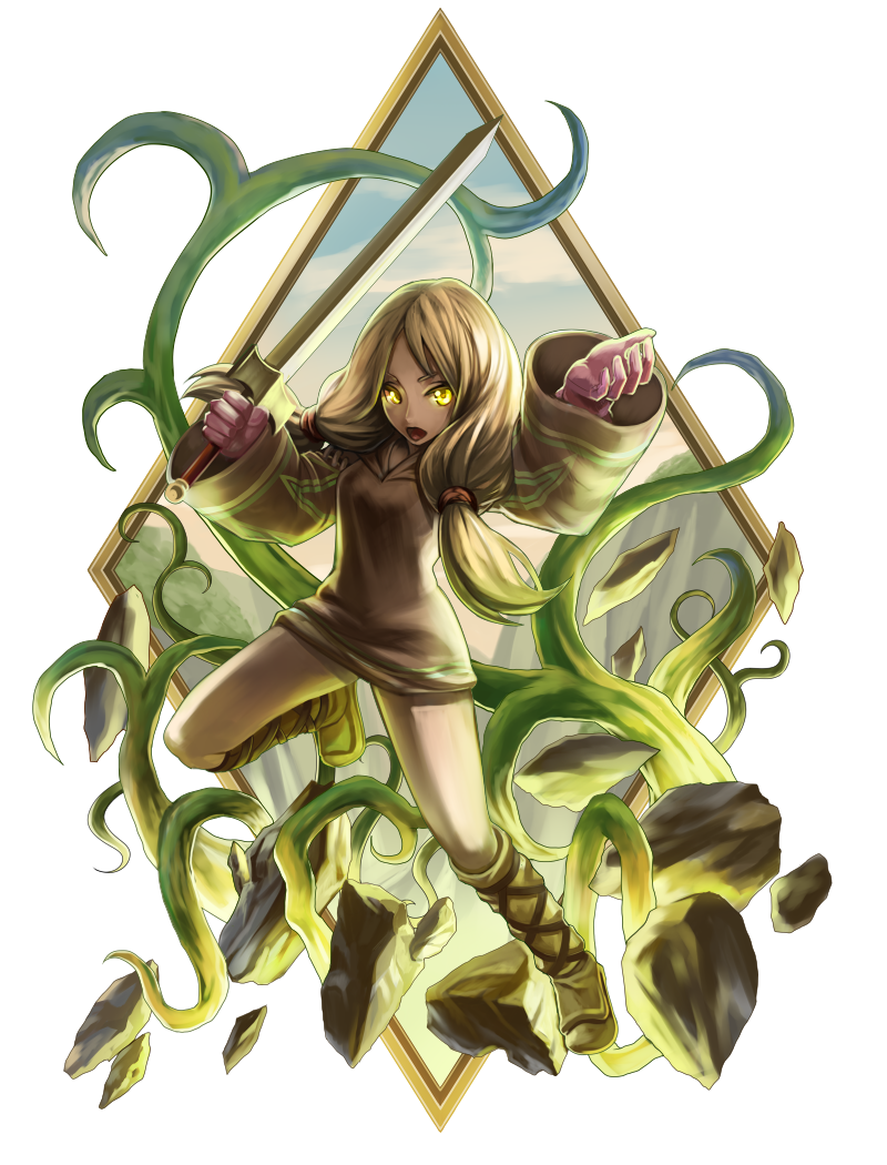 1girl blonde_hair boots breasts clouds commentary_request dress final_fantasy final_fantasy_tactics geomancer_(fft) gloves glowing glowing_eyes long_hair medium_breasts mountain open_mouth solo sword twintails weapon yellow_eyes