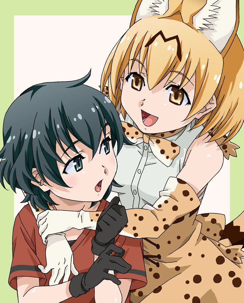 2girls amano_yoki androgynous animal_ears black_eyes black_gloves black_hair blonde_hair bow bowtie brown_eyes elbow_gloves gloves kaban_(kemono_friends) kemono_friends multiple_girls no_hat no_headwear open_mouth serval_(kemono_friends) serval_ears serval_print serval_tail shirt short_hair sleeveless sleeveless_shirt smile tail