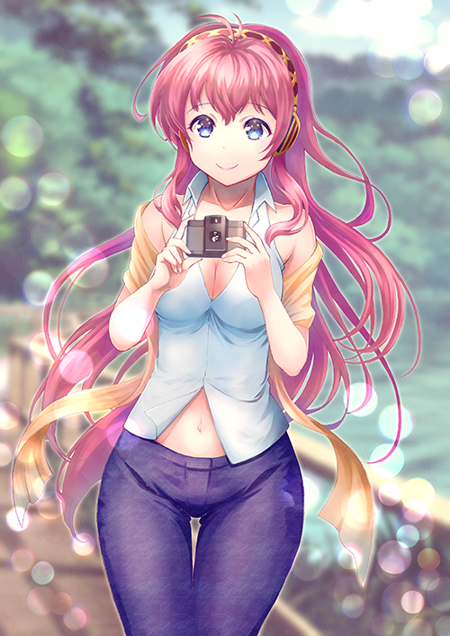 1girl black_hairband blue_eyes blue_pants blurry blurry_background breasts bridge camera cleavage collarbone collared_shirt cowboy_shot day dress_shirt floating_hair hairband headphones holding holding_camera lens_flare long_hair looking_at_viewer medium_breasts megurine_luka midriff navel open_clothes open_shirt outdoors pants pink_hair sash shiny shiny_hair shirt sleeveless sleeveless_shirt smile solo standing stomach thigh_gap very_long_hair vesper_(pixiv3568) vocaloid white_shirt wing_collar