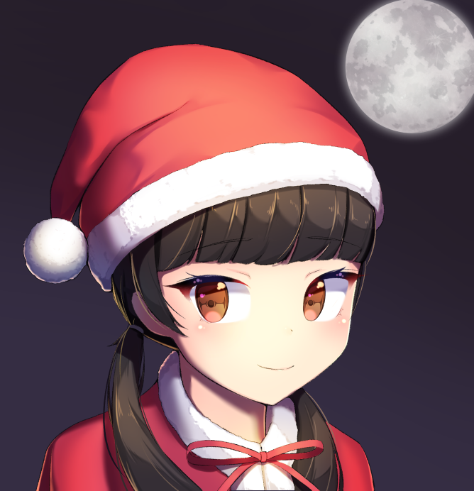 1girl black_hair brown_eyes commentary commission dot_nose eyebrows_visible_through_hair face full_moon fur_trim hair_ornament hat long_hair looking_at_viewer moon night night_sky original outdoors raizen_(jung_0000) red_ribbon ribbon santa_hat sky smile solo twintails