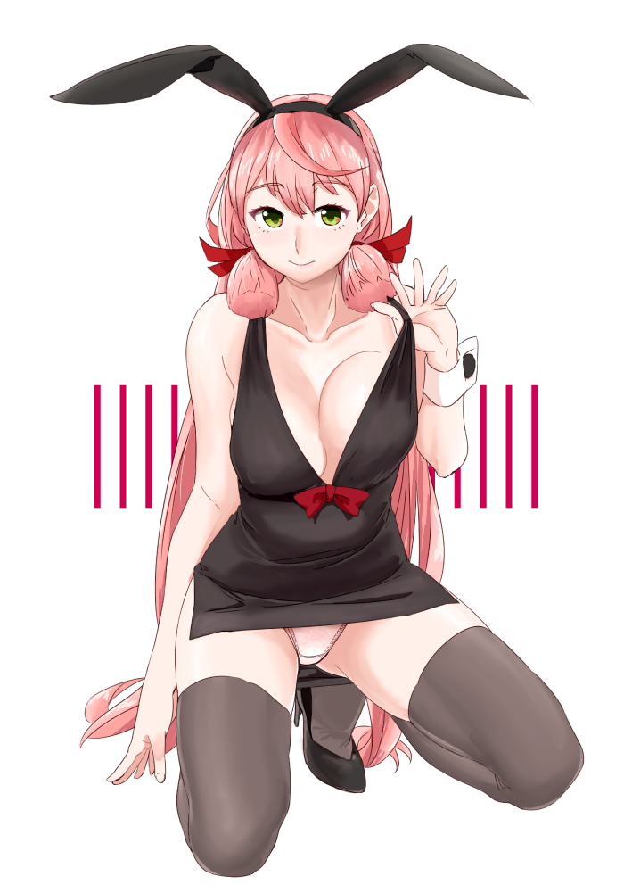 1girl akashi_(kantai_collection) alternate_costume animal_ears bangs bare_arms bare_shoulders black_dress blush bow breasts cleavage closed_mouth collarbone commentary_request dress dress_pull eyebrows_visible_through_hair fake_animal_ears gluteal_fold green_eyes hair_between_eyes hair_ribbon high_heels kantai_collection kneeling large_breasts long_hair looking_at_viewer ojipon panties pink_hair rabbit_ears red_bow red_ribbon ribbon simple_background skindentation sleeveless sleeveless_dress smile solo spread_legs thigh-highs tress_ribbon underwear very_long_hair white_background wrist_cuffs
