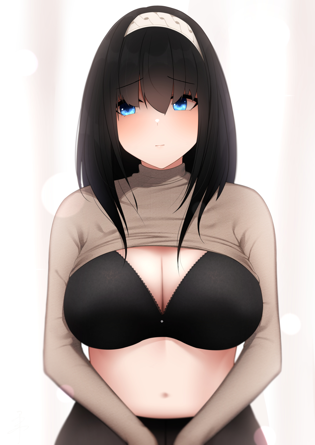 1girl bangs black_bra black_hair black_legwear blue_eyes blush bra breasts cleavage closed_mouth clothes_lift grey_sweater hair_between_eyes hairband highres idolmaster idolmaster_cinderella_girls large_breasts long_hair long_sleeves looking_to_the_side navel pantyhose sagisawa_fumika senju_(snz0) solo sweater sweater_lift turtleneck turtleneck_sweater underwear