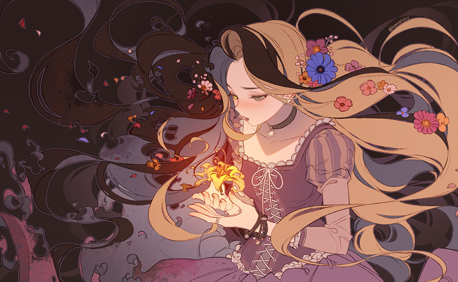 1girl black_background black_hair blonde_hair bracelet choker cross-laced_clothes decay disney dissolving_clothes dress flower glowing green_eyes hair_flower hair_ornament jewelry kawacy long_hair looking_down multicolored_hair parted_lips petals puffy_sleeves purple_dress rapunzel_(disney) simple_background solo spoilers tangled two-tone_hair upper_body very_long_hair
