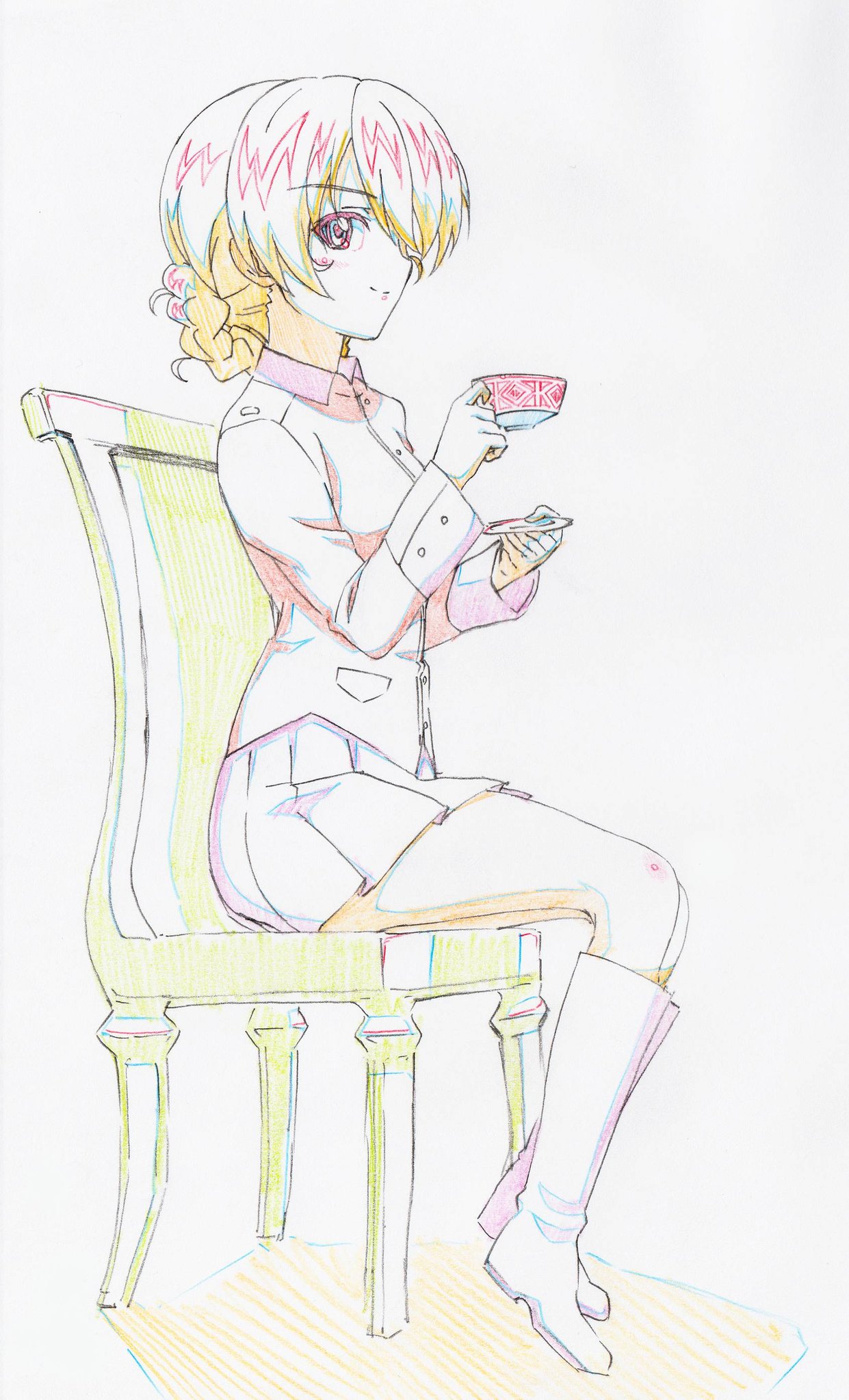 1girl bangs black_footwear black_skirt blonde_hair blue_eyes boots braid closed_mouth color_trace colored_pencil_(medium) commentary_request cup darjeeling epaulettes eyebrows_visible_through_hair full_body girls_und_panzer highres holding holding_cup holding_saucer jacket long_sleeves looking_at_viewer military military_uniform miniskirt pink_x pleated_skirt red_jacket saucer short_hair sitting skirt smile solo st._gloriana's_military_uniform teacup tied_hair traditional_media twin_braids uniform