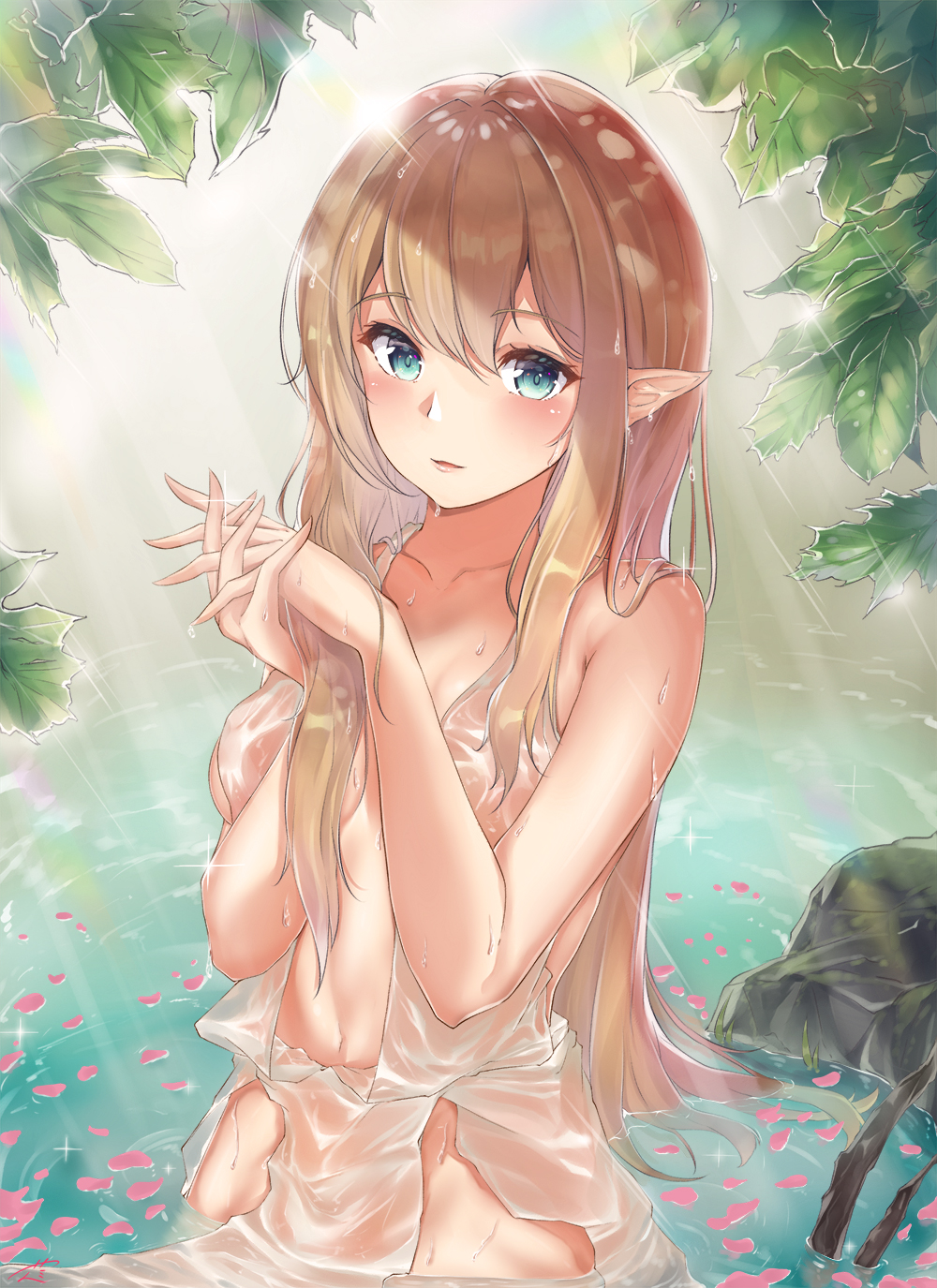 1girl bangs bare_shoulders bathing blonde_hair blue_eyes blush breasts closed_mouth collarbone commentary_request earrings elf eyebrows_visible_through_hair hair_between_eyes hair_over_shoulder highres jewelry konata_(knt_banri) lake leaf long_hair looking_at_viewer medium_breasts navel original partially_submerged petals pointy_ears rock sidelocks smile solo standing sunlight water water_drop wet wet_hair