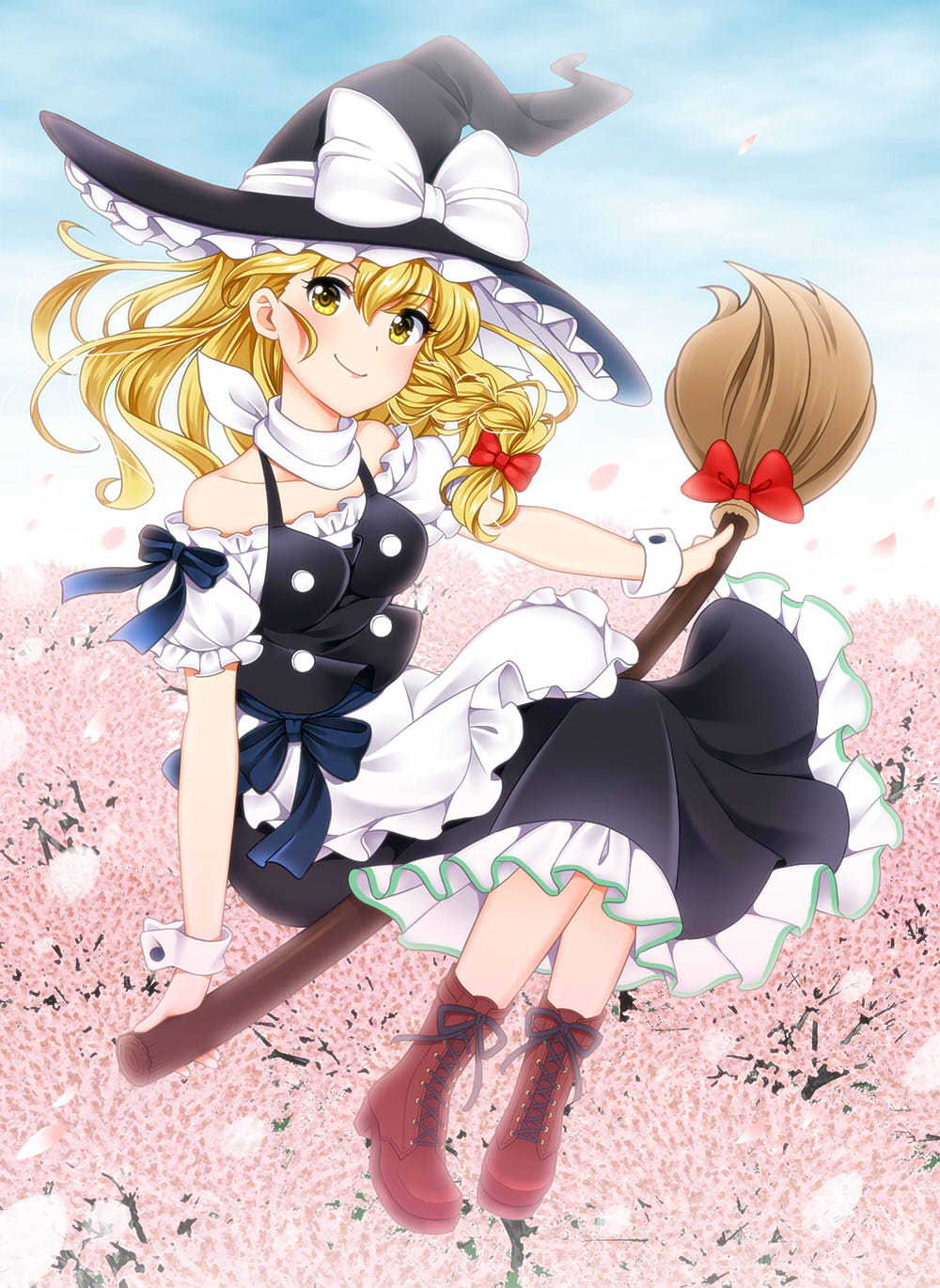 1girl apron black_headwear blonde_hair boots bow braid breasts broom broom_riding brown_footwear cherry_blossoms clouds cloudy_sky cross-laced_footwear day eyebrows_visible_through_hair flying frills full_body hair_ribbon hat hat_bow highres kirisame_marisa long_hair looking_at_viewer maid_apron medium_breasts off_shoulder petals ribbon short_sleeves side_braid skirt skirt_set sky smile solo touhou tress_ribbon vest witch_hat wrist_cuffs yellow_eyes yuricyan