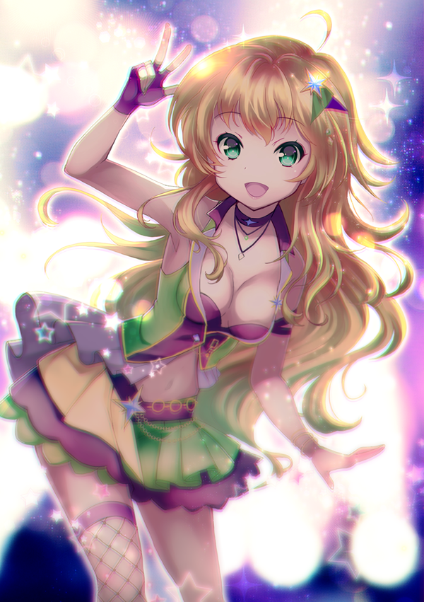 1girl blonde_hair blurry blurry_background breasts choker cleavage eyebrows_visible_through_hair fingerless_gloves fishnet_legwear fishnets floating_hair gloves green_eyes green_hair hair_ornament hoshii_miki idolmaster idolmaster_(classic) jewelry leaning_forward long_hair looking_at_viewer medium_breasts midriff miniskirt multicolored multicolored_clothes multicolored_hair multicolored_skirt navel necklace pleated_skirt purple_gloves single_thighhigh skirt solo standing stomach thigh-highs two-tone_hair very_long_hair vesper_(pixiv3568) w