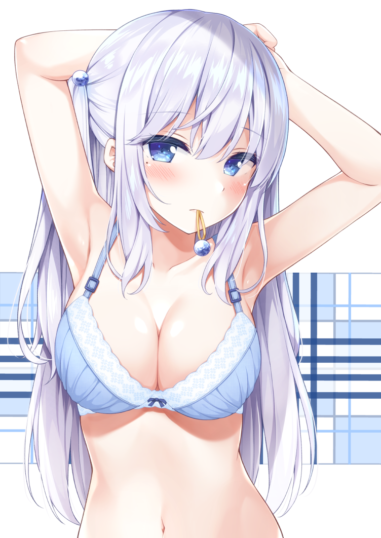 1girl armpits arms_behind_head arms_up bare_arms bare_shoulders blue_bra blue_eyes blush bow bow_bra bra breasts cleavage collarbone commentary_request eyebrows_visible_through_hair hair_between_eyes hair_bobbles hair_ornament hair_tie_in_mouth karutamo large_breasts long_hair looking_at_viewer mole mole_under_eye mouth_hold navel one_side_up original sidelocks solo stomach tying_hair underwear underwear_only upper_body white_hair