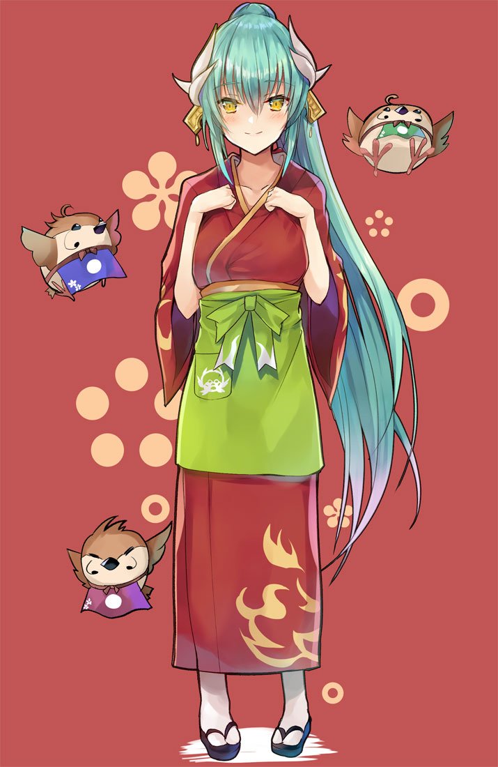 1girl alternate_clothes apron aqua_hair bangs bird blush breasts collarbone commentary_request eyebrows_visible_through_hair fate/grand_order fate_(series) green_hair hair_between_eyes hair_ornament hinot horns japanese_clothes kimono kiyohime_(fate/grand_order) large_breasts long_hair looking_at_viewer red_kimono smile solo very_long_hair yellow_eyes