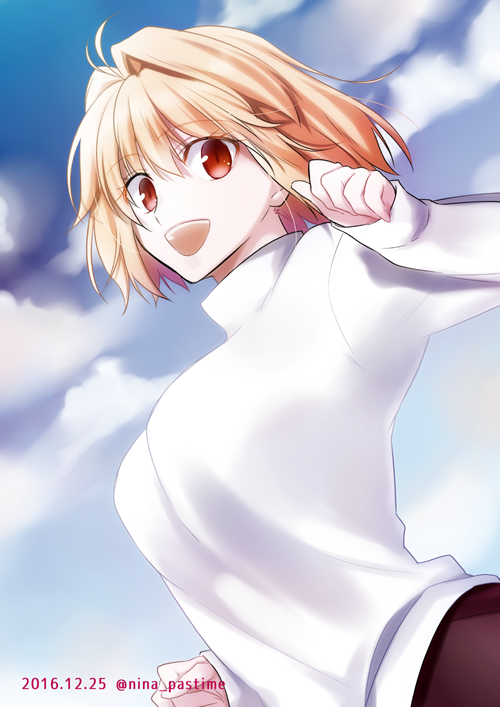 1girl 2016 :d antenna_hair arcueid_brunestud blonde_hair clouds dated day eyebrows_visible_through_hair from_below hair_between_eyes hair_intakes j.c._staff long_sleeves looking_at_viewer nina_(pastime) open_mouth outdoors red_eyes short_hair smile solo sweater tokyo_mx tsukihime turtleneck turtleneck_sweater twitter_username type-moon upper_body white_sweater