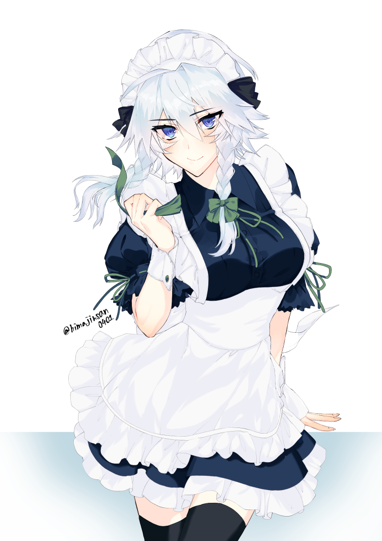 1girl apron artist_name bangs black_legwear black_ribbon blue_dress blue_eyes blush bow braid breasts commentary_request cowboy_shot dress eyebrows_visible_through_hair frilled_apron frills green_bow green_neckwear green_ribbon hair_between_eyes hair_bow hair_ribbon hand_up himajinsan0401 holding izayoi_sakuya large_breasts looking_at_viewer maid maid_apron maid_headdress neck_ribbon petticoat puffy_short_sleeves puffy_sleeves ribbon short_dress short_hair short_sleeves silver_hair simple_background smile solo standing thigh-highs thighs touhou twin_braids twitter_username white_apron white_background wrist_cuffs zettai_ryouiki