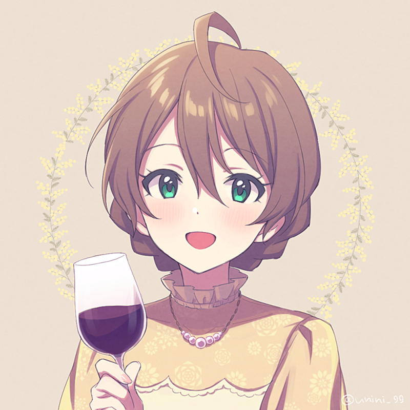 1girl @ agata_(agatha) ahoge alcohol beige_background blush braid brown_hair character_request commentary_request copyright_request cup dot_nose dress drinking_glass eyebrows_visible_through_hair face floral_print green_eyes hair_between_eyes jewelry looking_at_viewer necklace short_hair simple_background solo twitter_username wine wine_glass yellow_dress