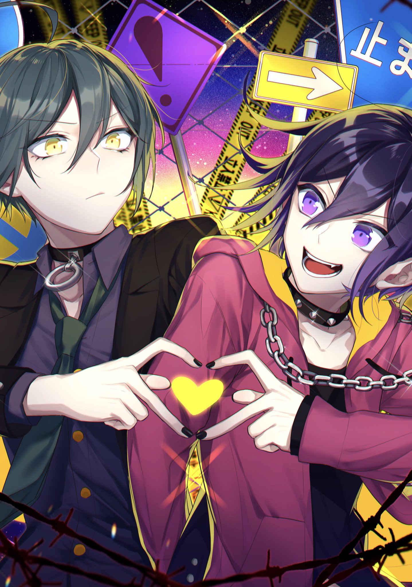 ! 2boys ahoge alternate_costume black_hair black_jacket black_nails black_shirt chain chained chains collar collarbone commentary_request dangan_ronpa eyebrows_visible_through_hair fang finger_heart formal green_neckwear grey_shirt hair_between_eyes heart highres hood hooded_jacket hoodie jacket looking_at_another male_focus medium_hair multiple_boys nail_polish nanin necktie new_dangan_ronpa_v3 ouma_kokichi pink_jacket purple_hair road_sign saihara_shuuichi shirt short_hair sign upper_body yellow_eyes