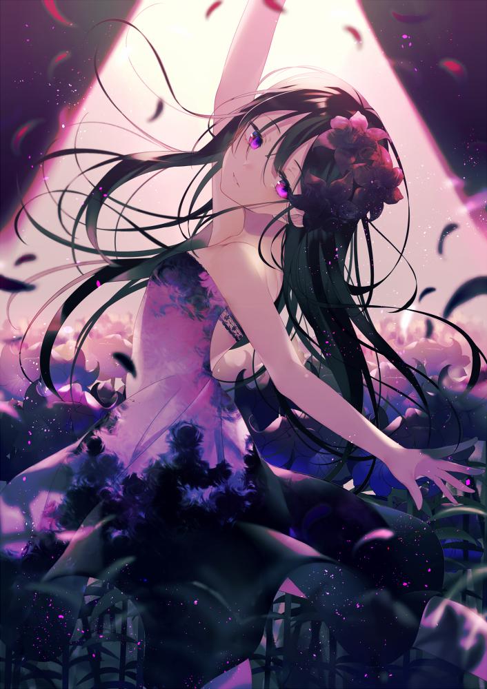 1girl achiki arm_up bangs bare_arms bare_shoulders black_hair blush commentary_request dancing dress flower from_side hair_flower hair_ornament leg_up long_hair looking_at_viewer looking_to_the_side parted_lips petals purple_dress purple_flower smile solo spotlight standing standing_on_one_leg strapless strapless_dress violet_eyes