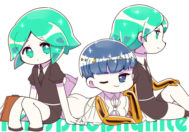 3others androgynous bangs blue_eyes blue_hair blunt_bangs character_name chibi chin_rest chiyoko_(oman1229) crystal_hair gem_uniform_(houseki_no_kuni) golden_arms green_eyes green_hair houseki_no_kuni looking_at_viewer lying multiple_others multiple_persona necktie on_stomach one_eye_closed phosphophyllite phosphophyllite_(ll) short_hair sitting smile spoilers white_background