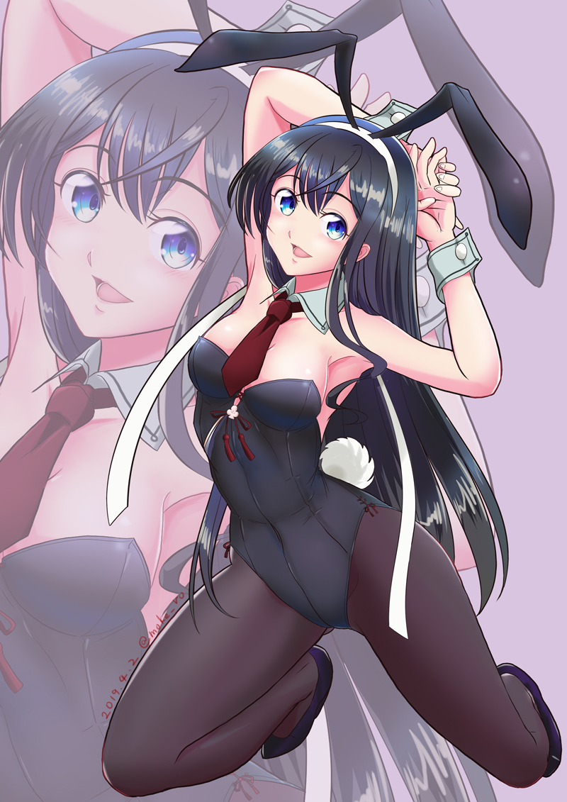 1girl animal_ears arms_behind_head arms_up black_hair black_legwear black_leotard blue_eyes breasts bunny_tail bunnysuit dated detached_collar full_body hairband kantai_collection kneeling leotard long_hair mokerou necktie no_eyewear ooyodo_(kantai_collection) pantyhose rabbit_ears red_neckwear small_breasts solo strapless strapless_leotard tail twitter_username white_hairband wrist_cuffs zoom_layer